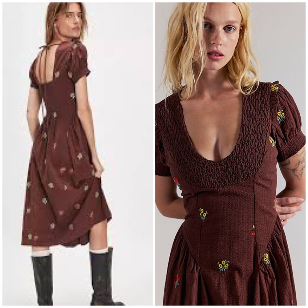 Free People Maisie Floral Embroidered Midi Dress in Brown Combo Size M NWT - Picture 2 of 14
